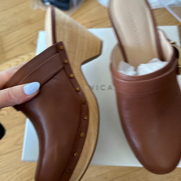 NWT Veronica Beard Hedrix Clog Woodgrain Platform Leather Buckle Sz 9 Hazelwood - Picture 9 of 14